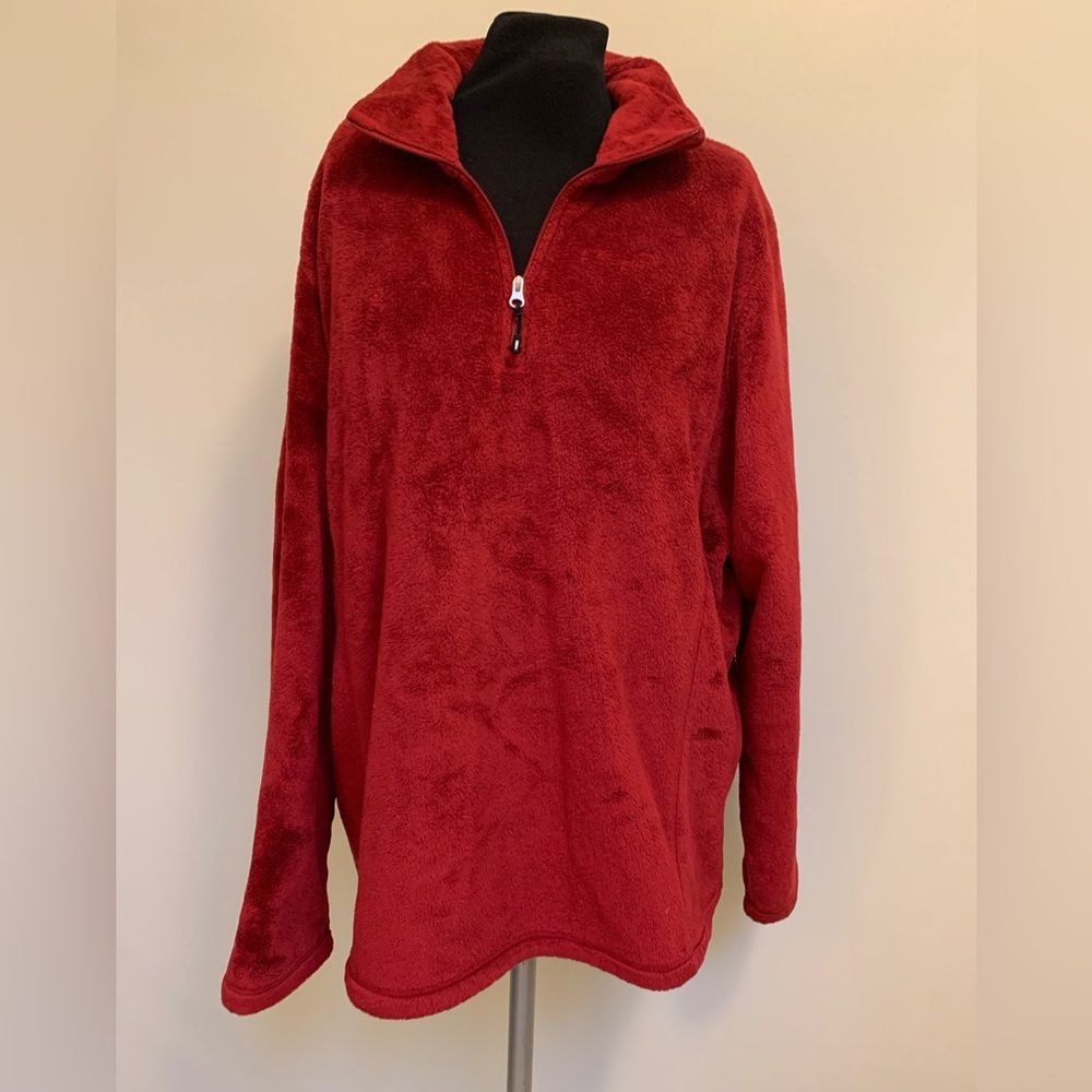 Lands End Burgundy Maroon Shaggy Teddy Bear Fleece Partial Zip Large XL 18-20